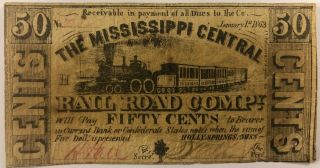 Obsolete Confederate Scrip,  Mississippi Central Railroad Co.  Ms 50 Cents 1863