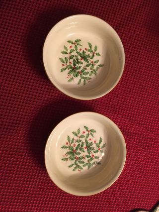 Lenox Holiday Set Of 2 5 " Round Candy Nut Bowls Christmas Holly & Berries Gold