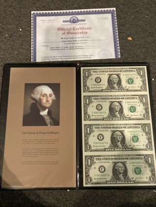 2003 Uncut Sheet Of (4) $1.  00 Dollar Bills