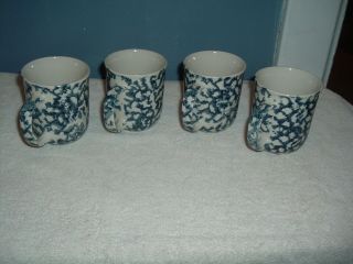 Tienshan Folk Craft Coffee Tea Mug Cup Blue Hearts Sponge Design Stoneware 4 Pc