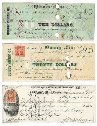 1860s $10,  $20,  $5000 Quincy Mine,  Michigan,  Copper Mining Scrip Set