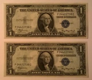 1935 $1 Silver Certificates (2 Bills - Consecutive Serial Numbers) Uncirculated
