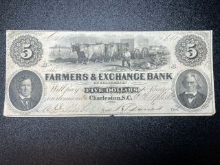 1861 Farmers & Exchange Bank Of Charleston South Carolina $5 Obsolete Note