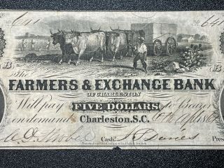 1861 Farmers & Exchange Bank of Charleston South Carolina $5 Obsolete Note 3