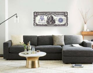 Large Poster $5 Silver Certificate Running Antelope 16 " X 40 " Printed On Canvas