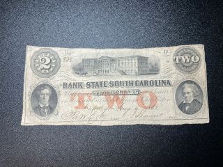 1862 $2 Two Dollars Bank Of The State Of South Carolina - Civil War Era