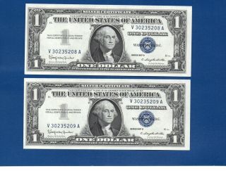 1957 B $1 Silver Certificates Two Consecutive Notes.  Choice Uncirculated.