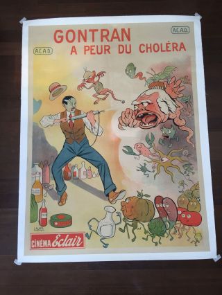 Gontran A Peur Du Cholera Art By Lauro (1911) 46 " X 61.  75 " French Silent Movi.
