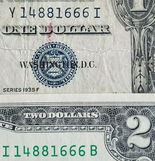 Matching Serial Number (1935 $1 Silver Certificate),  (cu $2 Dollar Bill / Note)