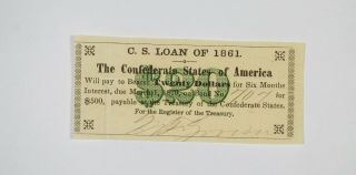 1861 $20 Confederate States Of America - Authentic Civil War Bond Note 087