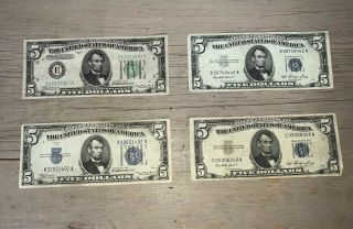 $5 Five Dollar Bills 1934 Green Seal Va Note,  3 Silver Cerificates Various Dates