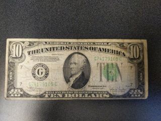 Vintage Green $10 1934 - C Chicago G Federal Reserve Note Ten Dollar Bill 827