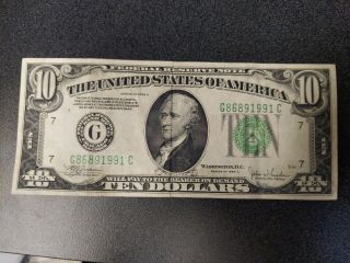 Vintage Green $10 1934 - C Chicago G Federal Reserve Note Ten Dollar Bill 756