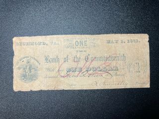 $1.  00 Bank Of The Commonwealth Obsolete Currency - Richmond,  Va - May 1,  1861