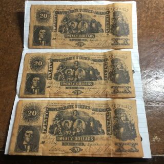 3 Sheets Of Currency 1861 Twenty Dollar
