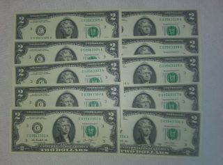 Ten (10) Uncirculated 2013 $20 $2 Two Dollar Bills From Strap 10 Notes Cu