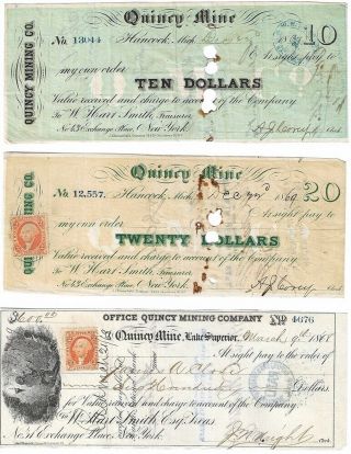 1860s $10,  $20,  $600 Quincy Mine,  Michigan,  Copper Mining Scrip Set