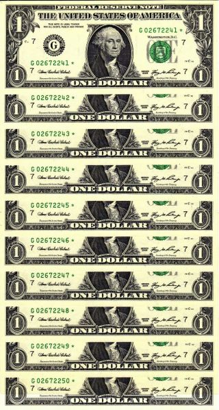 10 Consecutive 2006 $1 G Star Federal Reserve Notes - Gem Crisp Uncirculated
