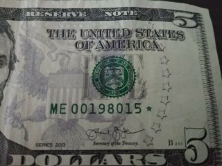 2013 $5 dollar bill Star Note - Low Serial Number 2