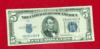 1934 D $5 Us Silver Certificate Blue Seal Fine / Very Fine Circulated