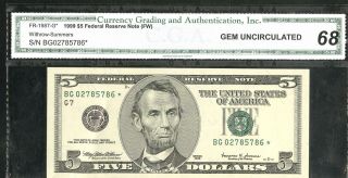 Us Paper Money 1999 $5 Federal Reserve Star Note