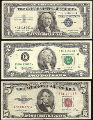 3 Pc 1957 $1 Star 1995 $2 1963 $5 Dollar Old Paper Money Blue Green Red Seal