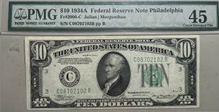 1934 A $10 Federal Reserve Note Philadelphia Pmg Choice Xf 45 Fr 2006 C
