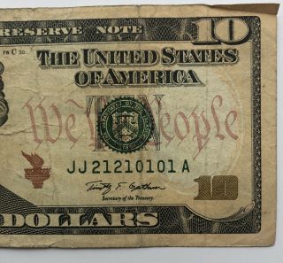 2009 Series $10 Us Dollar Bill Fancy Repeating Jj 21210101 A