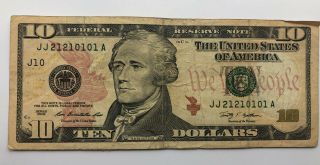 2009 Series $10 US Dollar Bill Fancy Repeating JJ 21210101 A 2