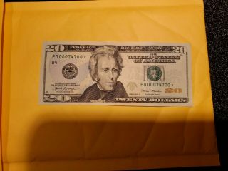 2017 $20 Twenty Dollar Bill Low Serial Number Pd00074700 Star Note Paper Money