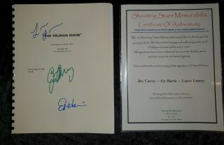 The Truman Show Signed Script Jim Carrey Ed Harris Lauralinney Autographed C.  O.  A