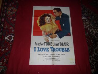 I Love Trouble Orig.  1 - Sheet Film Noir Movie Poster - 1947 Ex.  Cond.
