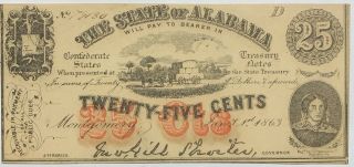 1863 State Of Alabama 25 Cent Treasury Note Au Fractional Currency