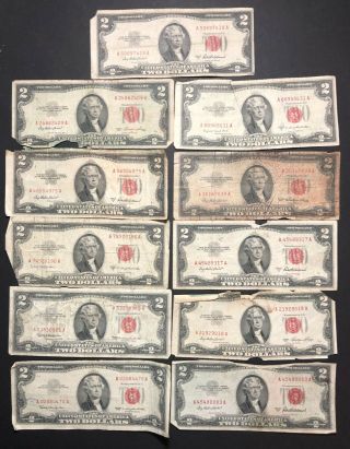 1953 - 1963 2$ Red Seal Two Dollar Bills - 11 Low Grade Notes (p119)