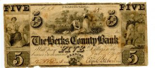 1841 $5.  Reading,  Pennsylvania.  Berks County Bank.