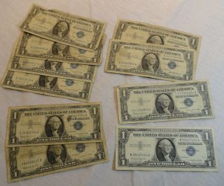 9 Us One $1 Dollar Bills Notes Circulated 1957 A B Silver Certificate Blue Seal