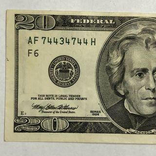 1996 Bookends Twenty $20 Dollars Us Federal Reserve Note Serial Af74434744h Bill