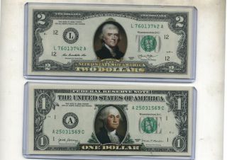 Legal Tender Colorized 2 - Sided $1 $2 Dollar U.  S.  Bills