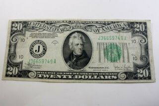 One United States 1934c Twenty Dollar Federal Reserve Note Kansas,  Mo.  Fine