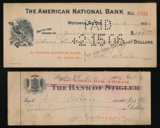 1904 & 1906 Indian Territory Bank Checks (missouri & Oklahoma)