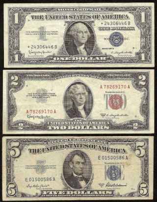 3 Pc 1957b $1 Star 1953c $2 1953a $5 Dollar Old Paper Money Blue Red Seal
