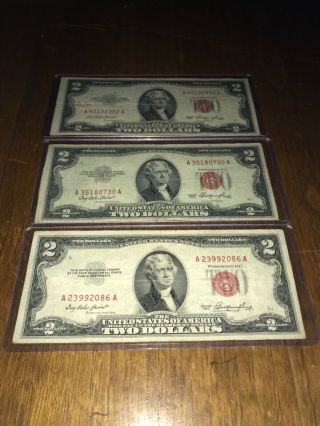 Three 1953 Two Dollar Note Red Seal $2 Bill Us Currency Old Money