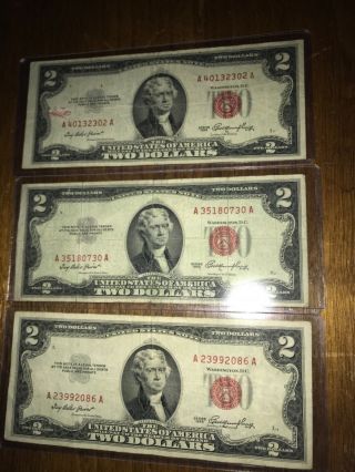 Three 1953 Two Dollar Note Red Seal $2 Bill US CURRENCY OLD MONEY 2