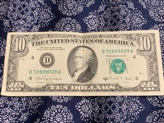 1988 A $10 Dollar Bill Series A Federal Reserve Of Washington,  D.  C.  D72899039 A