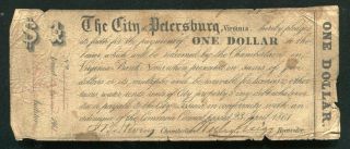 1861 $1 The City Of Petersburg Virginia Obsolete Currency Note