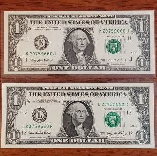 2 $1 Notes Matching Serial Numbers