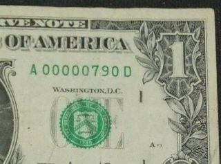 (2003 A) 1 Dollar Bill Low Serial Number Note A00000790 D