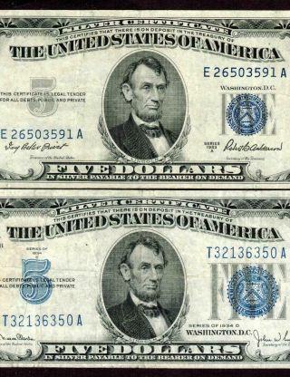 ((two Notes))  $5 1953 A / 1934 D Silver Certificate Daily Currency