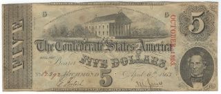 $5 1863 Csa Confederate States Of America - Richmond,  Va T - 60