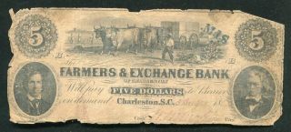 1858 $5 The Farmers & Exchange Bank Of Charleston,  Sc Obsolete Banknote
